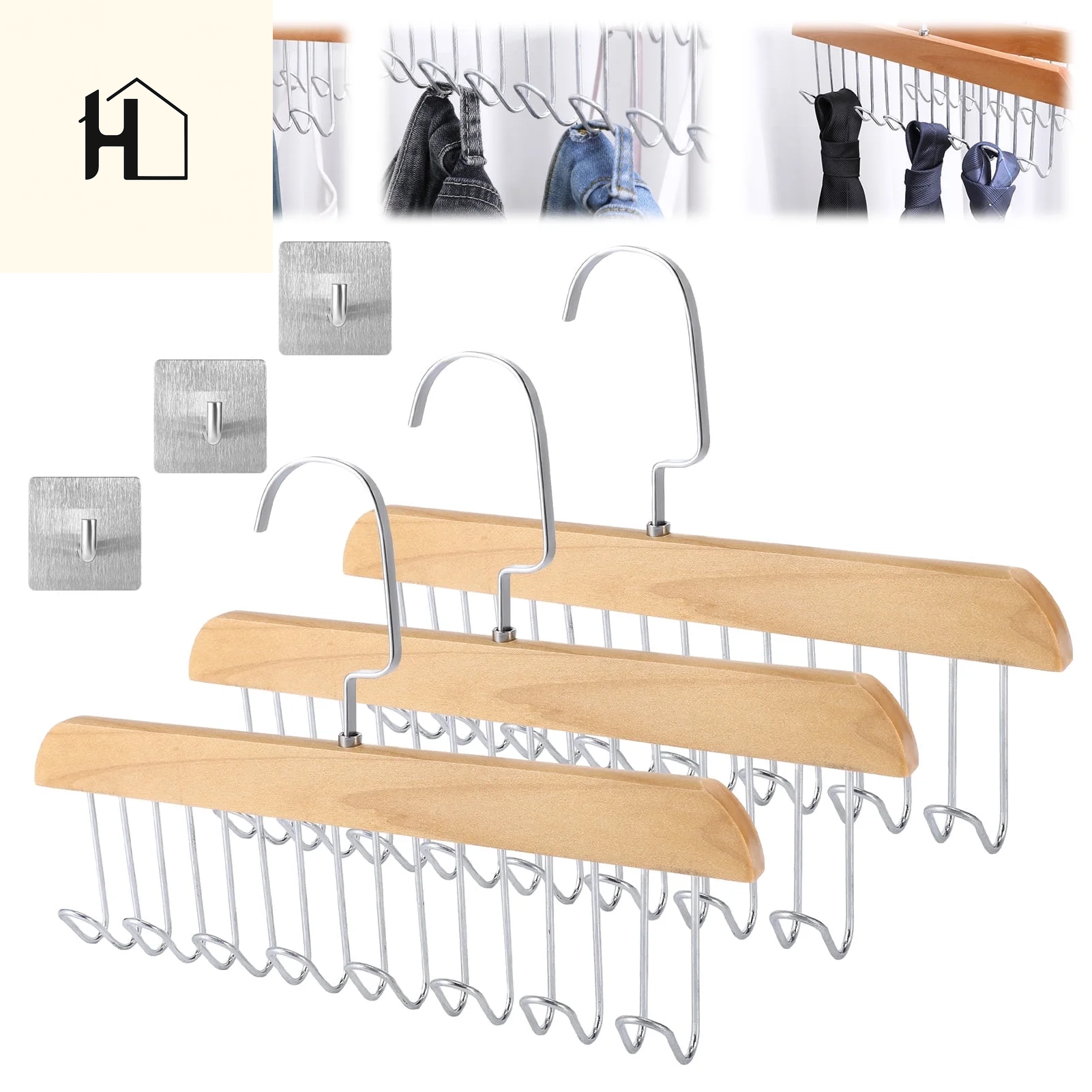 Topekada 3 Pack Belt and Bra Hangers with Hooks,Space Saving Bra Hangers for Closet and Laundry,360 Degree Rotating Wooden Tie Hanger with 8 Hooks for Tank Top,Jeans,Scarf(Nature)