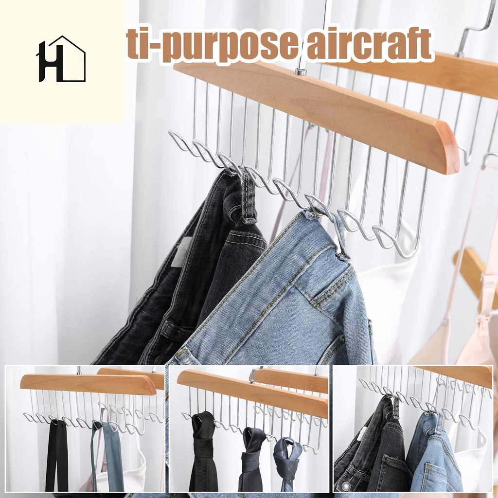 Topekada 3 Pack Belt and Bra Hangers with Hooks,Space Saving Bra Hangers for Closet and Laundry,360 Degree Rotating Wooden Tie Hanger with 8 Hooks for Tank Top,Jeans,Scarf(Nature)