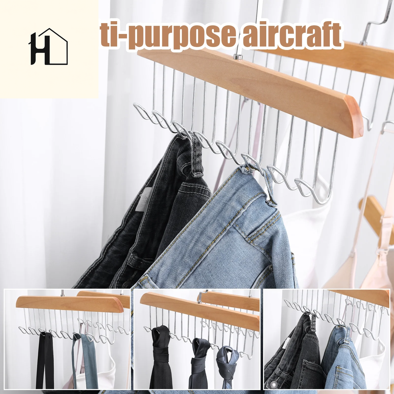 Topekada 3 Pack Belt and Bra Hangers with Hooks,Space Saving Bra Hangers for Closet and Laundry,360 Degree Rotating Wooden Tie Hanger with 8 Hooks for Tank Top,Jeans,Scarf(Nature)