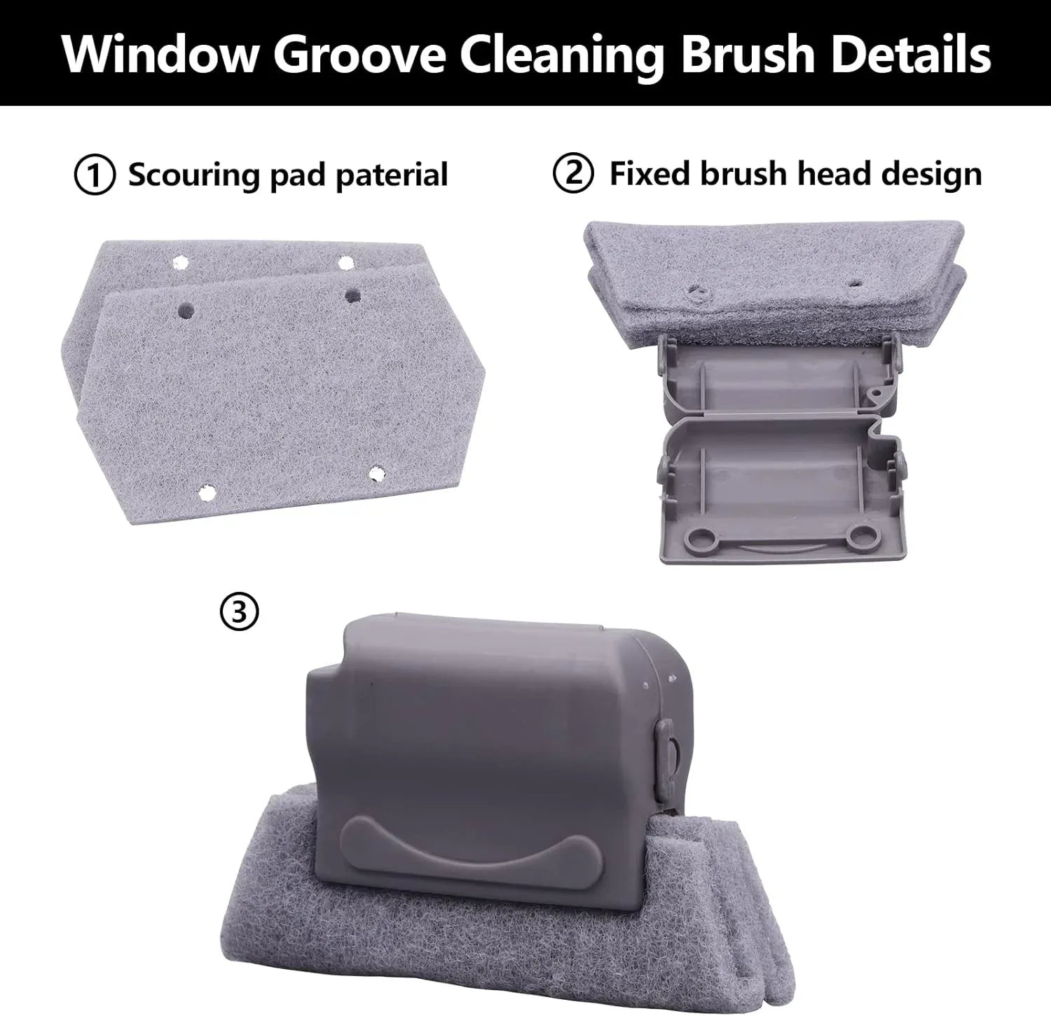 Window Groove Cleaning Brush features a fixed brush head design and scouring pad material for effective cleaning.