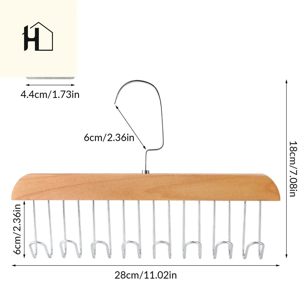 Wooden clothes hanger with metal hooks, measuring 28cm wide and 18cm tall.